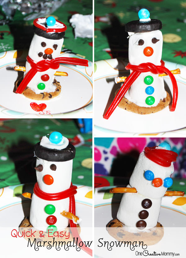 Quick and Easy Marshmallow Snowman Kid's Craft--Perfect for family gatherings and Christmas parties. {OneCreativeMommy.com}