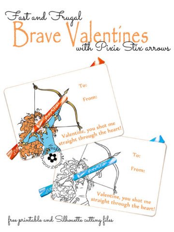 Fast and Frugal Brave Valentines--just print, punch holes, and add Pixie Stix! {OneCreativeMommy.com} Free Printable Disney Valentine