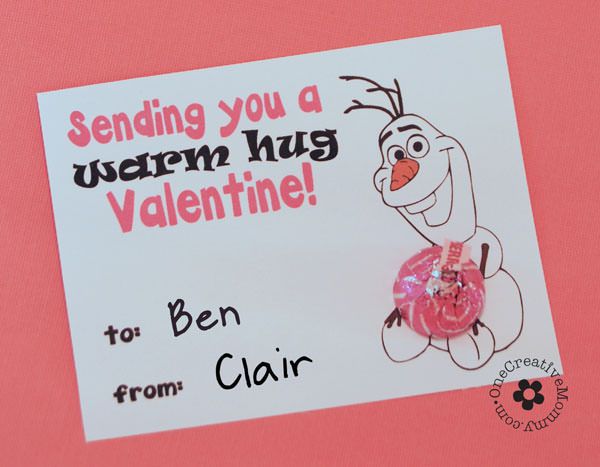 Frozen "Warm Hugs" Valentines {Free Printable from OneCreativeMommy.com}  Just print, cut, and add a hug!