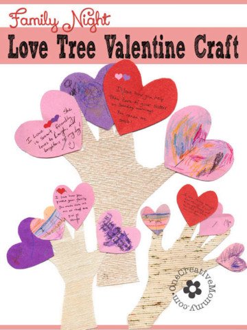 Let the members of your family know what you love about them with these fun Love Tree Valentine Crafts. Perfect for Family Night! {OneCreativeMommy.com} #valentinecrafts #familynight #valentinesday