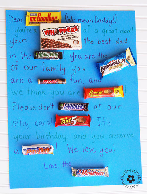 What do you get for the man who has everything? A Candy Gram! My kids planned and wrote this one themselves, and Daddy loved it! {OneCreativeMommy.com} #candygram #birthdaygift
