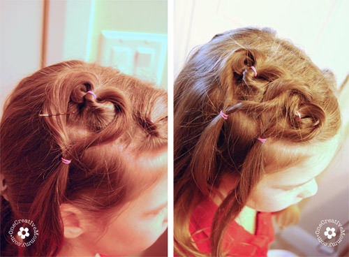 Steps 3 & 4 to create an easy Valentine hair style in ten minutes or less! I'll show you how. {OneCreativeMommy.com} #valentinehair #hearthair