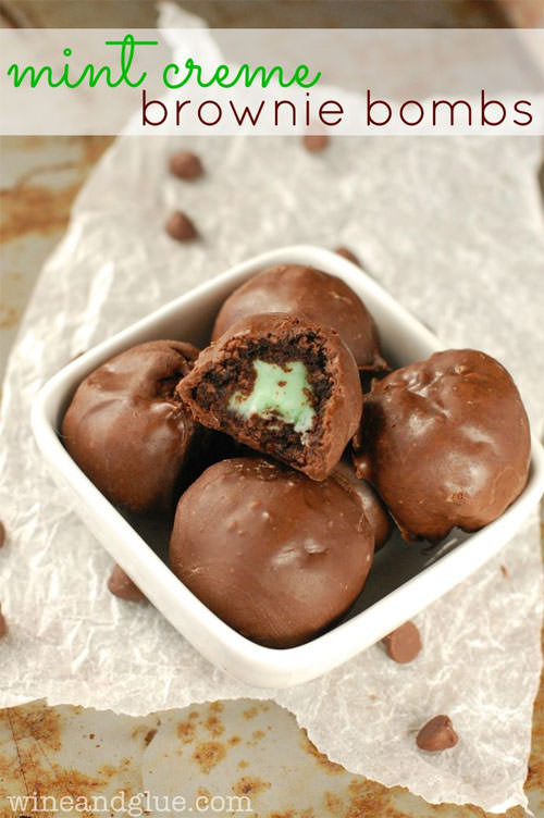 Mint Creme Brownie Bombs from Wine & Glue