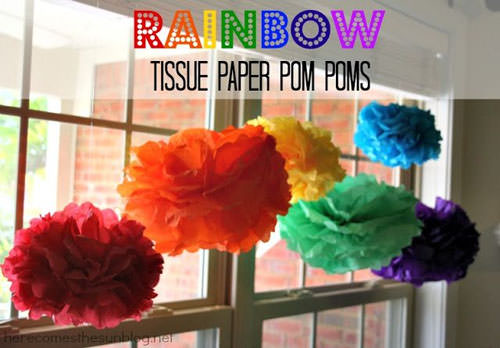 Rainbow Tissue Paper Pom Poms Tutorial from Here Comes the Sun