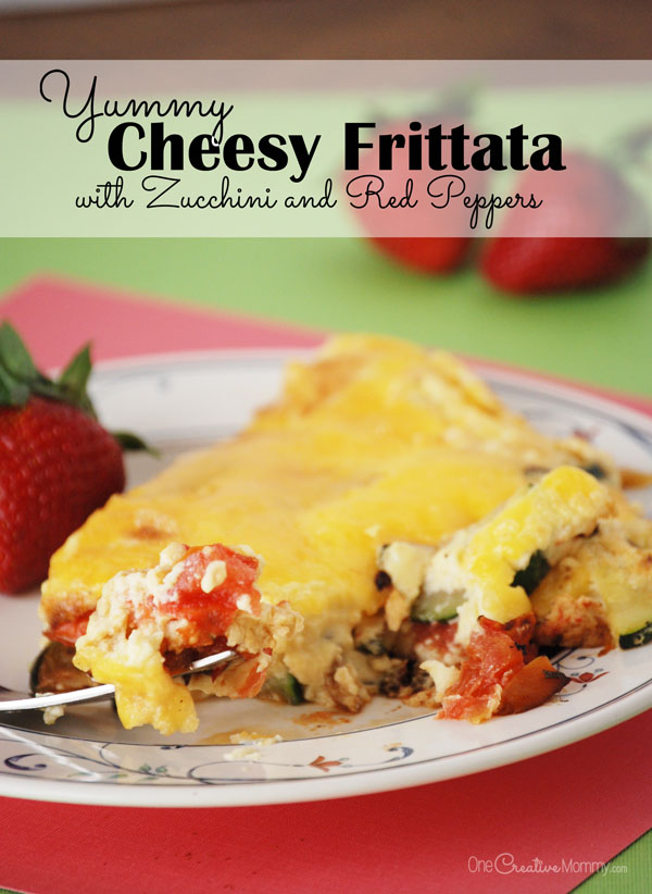 My all-time favorite breakfast -- Cheesy Frittata with Zucchini, Basil and Red Peppers! {Low Carb!} OneCreativeMommy.com