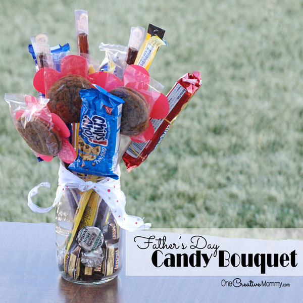 DIY Man Bouquet / Candy Bouquet -- Perfect for Father's Day and Valentines Day!  {OneCreativeMommy.com} Great gift idea for Dad