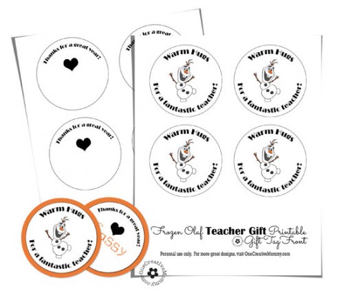 Quick and Easy Teacher Gift Idea {Attach these Frozen Warm Hugs printable tags to a bag or small container of Hershey's Hugs, and you're ready to go!} OneCreativeMommy.com #teachergift #printable