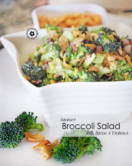 Perfect for Summer! Broccoli salad with Bacon and Cashews {OneCreativeMommy.com} #broccolisalad #glutenfree