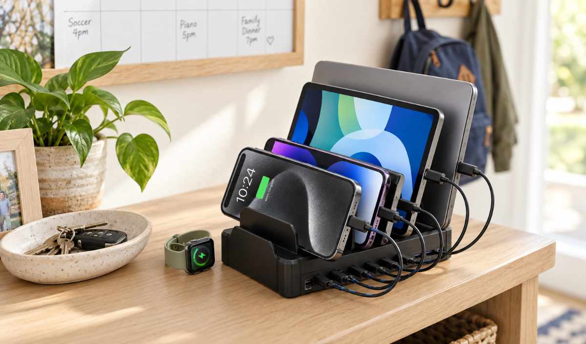 A 10-port charging station filled with family devices