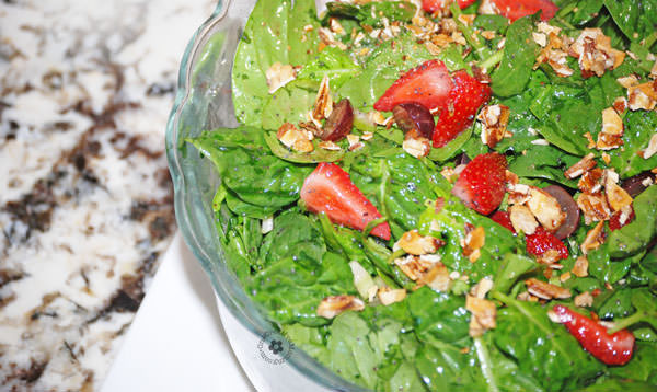 Prize-winning Strawberry Spinach Salad with Poppy Seed Dressing and Sugared Almonds {OneCreativeMommy.com}