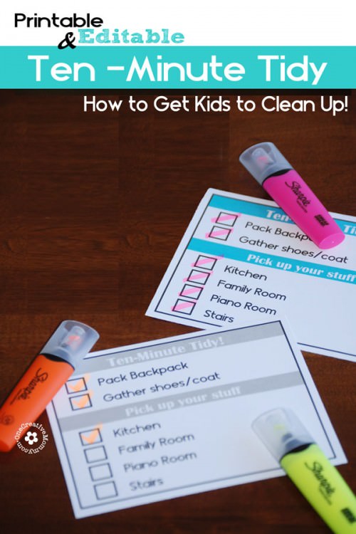 Learn how to get kids to clean up with editable, printable Ten-Minute Tidy Charts! {OneCreativeMommy.com} #cleaningtips #SharpieClearview #PMedia #ad