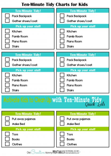 Printable Ten Minute Tidy Charts - onecreativemommy.com