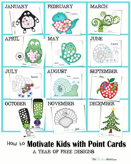 How to Motivate Kids with Point Cards {A Year of Free Designs from OneCreativeMommy.com} #printable #motivatekids