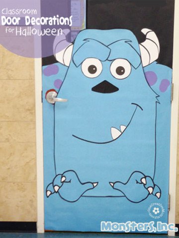 Monsters, Inc. Halloween Door Decorations {OneCreativeMommy.com} Instructions and Printables for Sully
