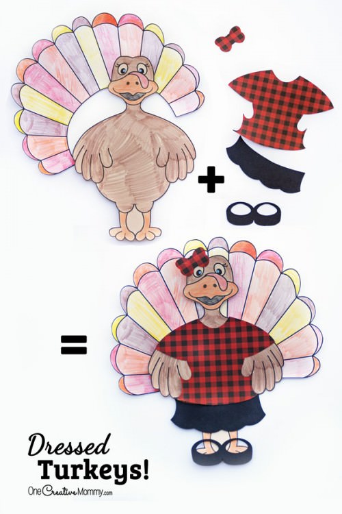While you're cooking turkey with dressing, let the kids make dressed turkeys! {Thanksgiving Kids Craft from OneCreativeMommy.com} Silhouette and Print and color files included.