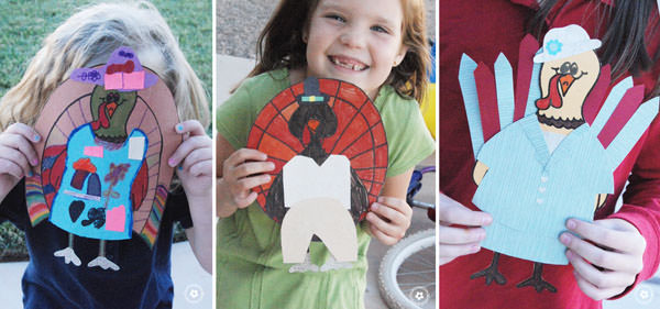 While you're cooking turkey with dressing, let the kids make dressed turkeys! {OneCreativeMommy.com} Thanksgiving kids craft with Silhouette and Print and color files included.