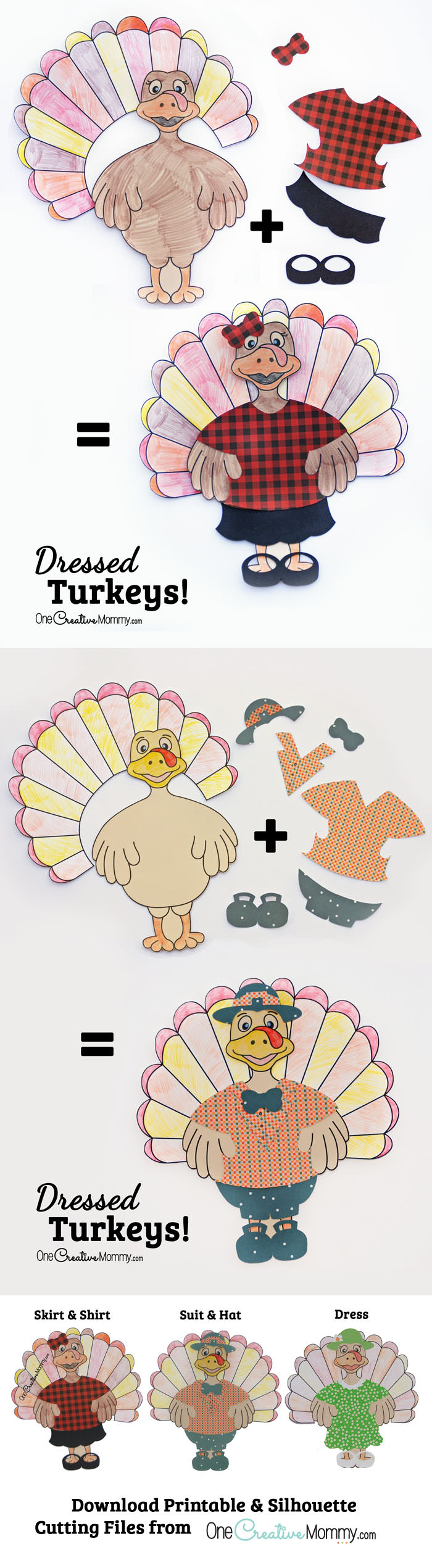 While you're cooking turkey with dressing, let the kids make dressed turkeys! {Thanksgiving Kids Craft from OneCreativeMommy.com} Silhouette and Print and color files included.