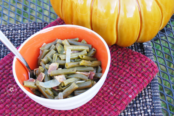 Green Beans with Bacon and Onions {Gluten Free Side-Dish that's perfect for Thanksgiving and Christmas--even my pickiest kiddos love this recipe!} OneCreativeMommy.com