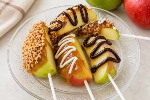 Caramel apple pops with nuts and chocolate drizzle