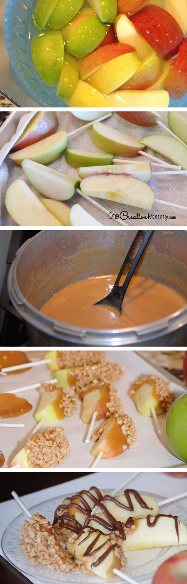 Easy steps for making Caramel Apple Pops {OneCreativeMommy.com} Caramel candy recipe included.  Everything is more fun on a stick!