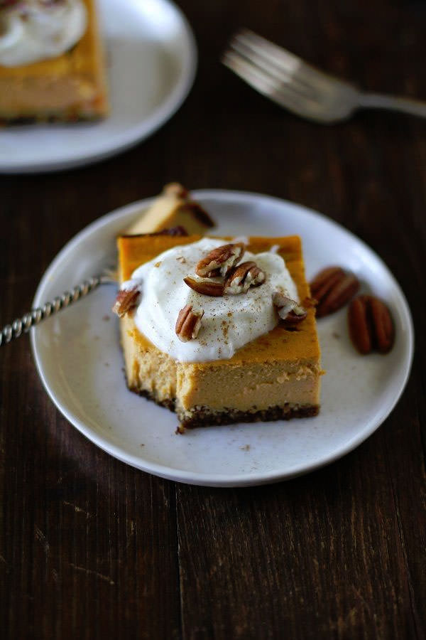 Maple Pumpkin Cheesecake Bars from The Roasted Root {25 Thanksgiving Dessert Recipes from OneCreativeMommy.com}