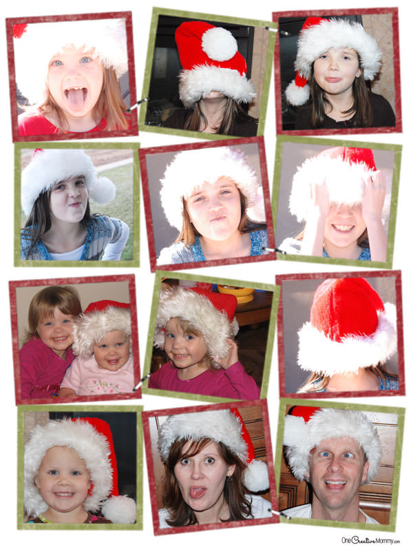 Too hard to get everyone to smile at once? Grab some Santa hats and get silly! Have some Holiday Family Photo Fun! {Christmas Family Picture Idea} OneCreativeMommy.com