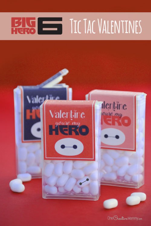 Disney fans are going to love these Big Hero 6 Valentines! Just for fun, use a sharpie to add a face to a tic tac on the box, and you've got a mini Baymax! {Free Printable from OneCreativeMommy.com}