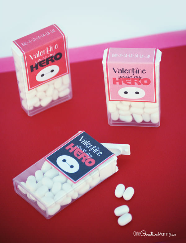 Disney fans are going to love these Big Hero 6 Valentines!  Just for fun, use a sharpie to add a face to a tic tac on the box, and you've got a mini Baymax! {Free Printable from OneCreativeMommy.com}