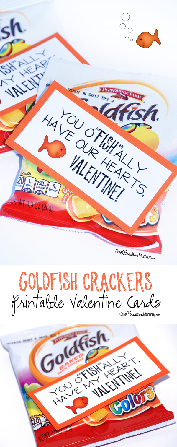 These cute printable valentine cards are so simple! Just print and attach it to your favorite flavor of goldfish crackers. {Perfect for classroom valentines and for family and friends} OneCreativeMommy.com