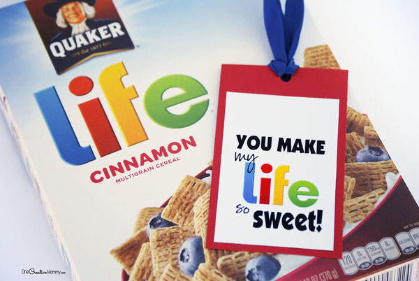 Surprise your Valentine (or your kids)   with a little something special this Valentines Day? Just print this free Valentines bookmark and attach it to a box of Life Cereal. {You make my life so sweet, Valentine! Free printable from OneCreativeMommy.com}