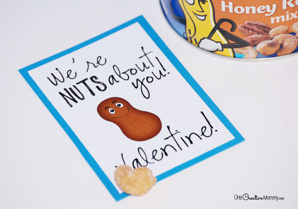 Go nuts this Valentine's Day with this quick and easy printable Valentine. {I'm Nuts About You, Valentine / We're Nuts About You, Valentine!} Quick and easy Valentine idea from OneCreativeMommy.com