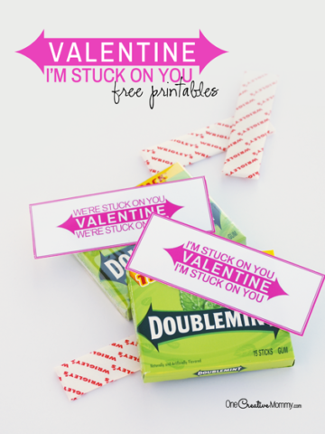 You know you want to make this quick and easy Pun Valentine! {Valentine, I'm Stuck on You! | Valentine, We're Stuck on You!} Just print, cut, and stick on your favorite flavor of gum. That's it! {Free Printable Valentines from OneCreativeMommy.com}