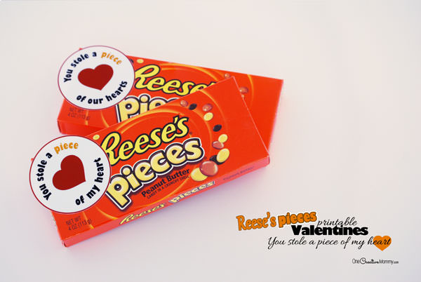 Let your valentine know that they stole a piece of your heart with this cute Valentine printable! Just print, cut, and attach to a box of Reese's Pieces candy {Free Printable from OneCreativeMommy.com}