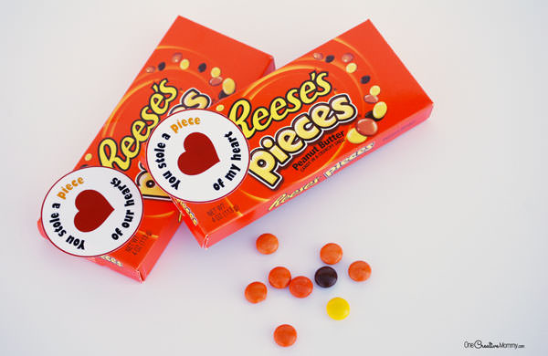 Let your valentine know that they stole a piece of your heart with this cute Valentine printable! Just print, cut, and attach to a box of Reese's Pieces candy {Free Printable from OneCreativeMommy.com}