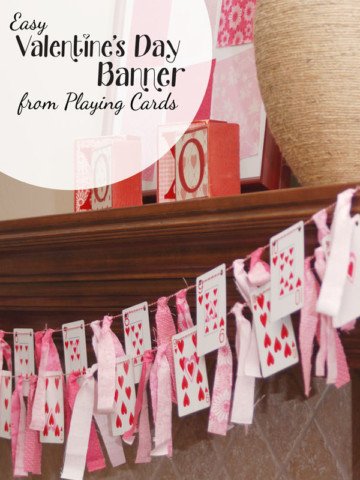 Looking for a quick and easy Valentine decor idea? All you need for this fun Valentine's Day banner is a deck of playing cards, scrap fabric, and baker's twine. {Simple tutorial from OneCreativeMommy.com}