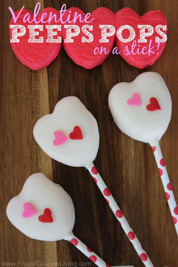 {Valentine Peeps Pops Craft and Recipe} One of 25+ Cute Valentine Crafts for Kids rounded up on OneCreativeMommy.com {Come see them all and visit and pin your favorites}