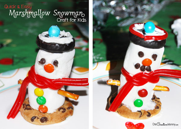 Quick and Easy Marshmallow Snowman Kid's Craft--Perfect for family gatherings and Christmas parties. {OneCreativeMommy.com}