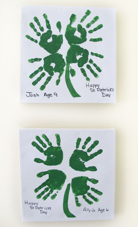 Adorable 4-Leaf Clover Handprint Art from Roundup of 19 Amazing St Patricks Day Crafts for Kids on OneCreativeMommy.com