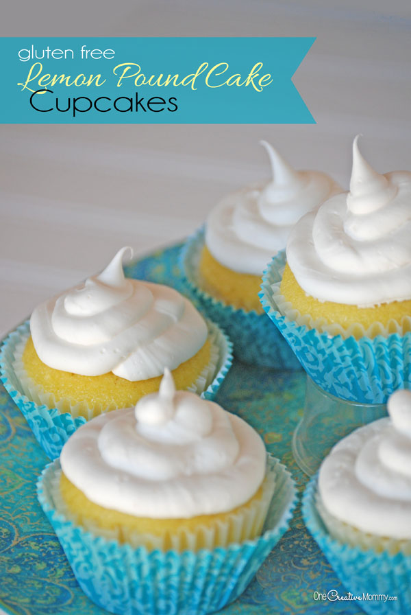 You'll never believe these amazing Lemon Pound Cake Cupcakes are gluten free! An irresistibly moist and delicious dessert recipe! {OneCreativeMommy.com}