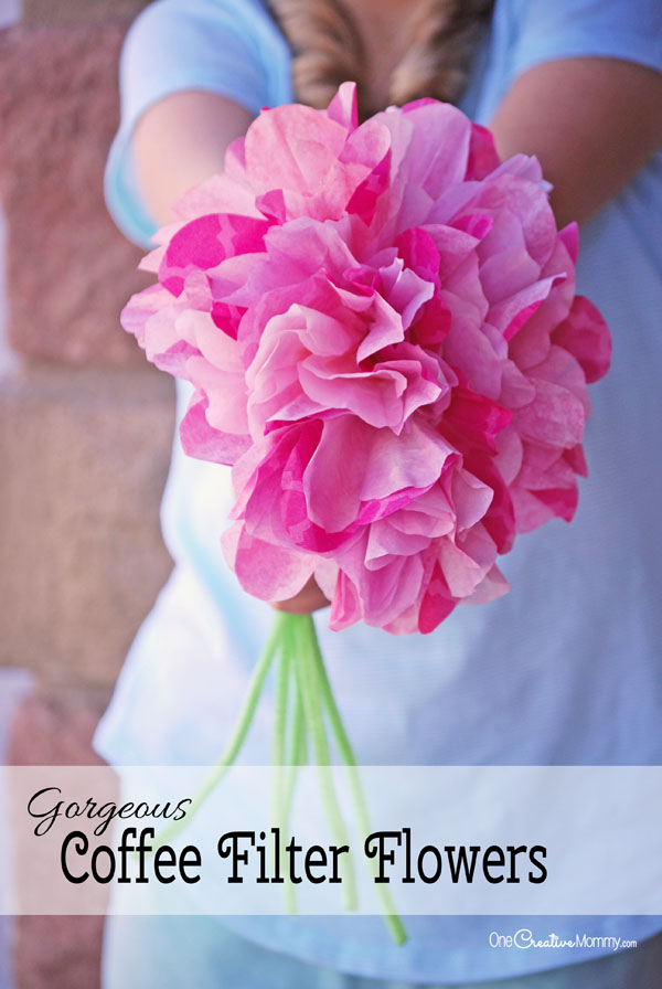 These gorgeous paper flowers are simple and cheap to make. {Easy Coffee Filter Flowers Tutorial from OneCreativeMommy.com}