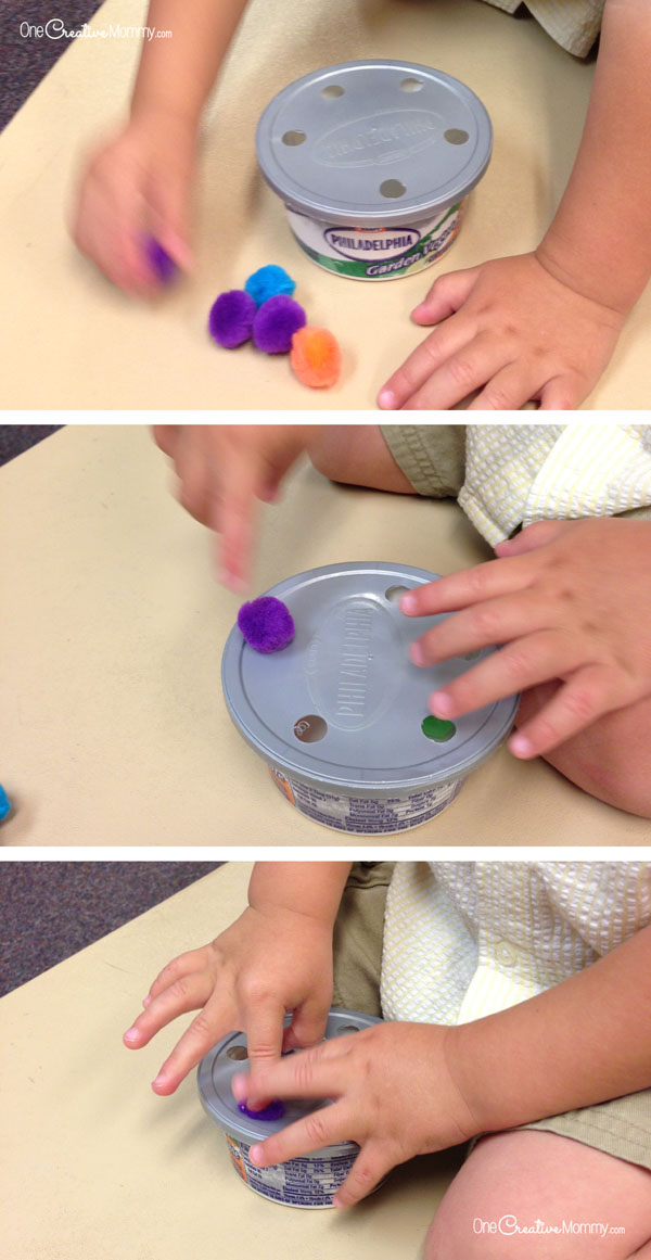 Kids have fun and stay busy while developing fine motor skills with this simple to make toddler toy (OneCreativeMommy.com}
