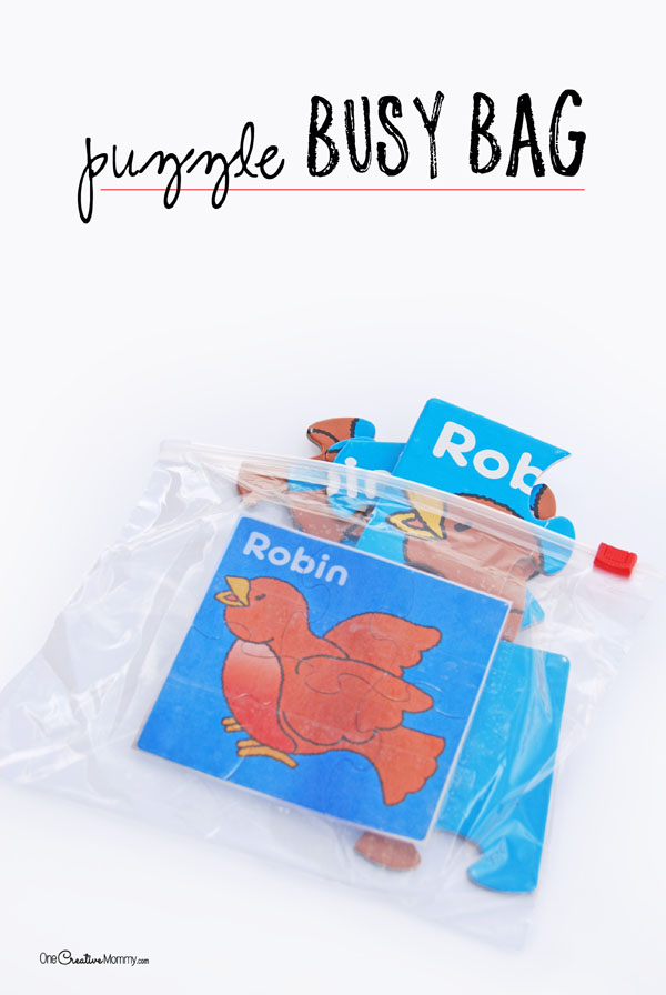 Perfect for church or the doctor's office, this puzzle busy bag idea is great for preschoolers and up. {OneCreativeMommy.com}