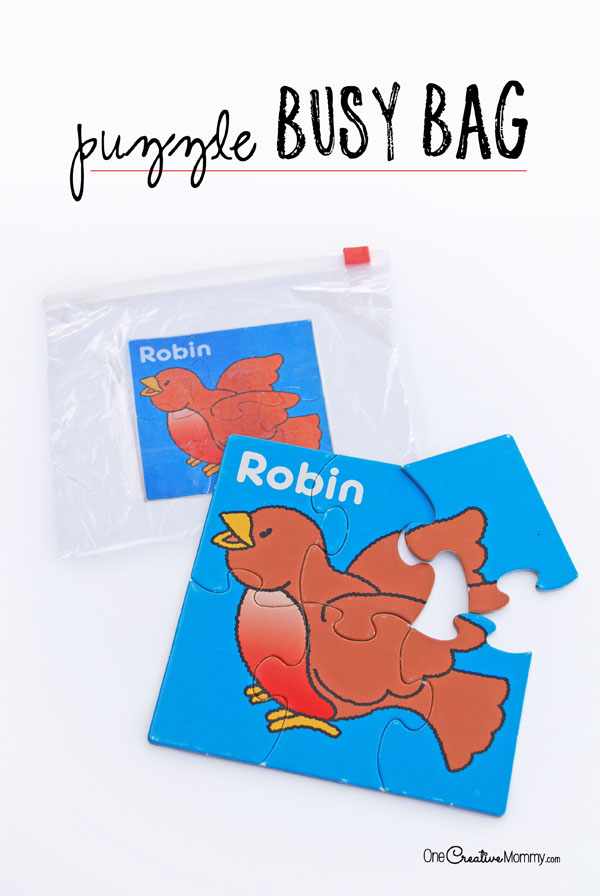 Perfect for church or the doctor's office, this puzzle busy bag idea is great for preschoolers and up. {OneCreativeMommy.com}