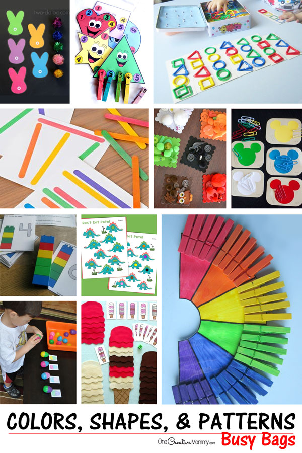 Love these busy bags! Lots of ideas for teaching kids about colors, shapes, and patterns {OneCreativeMommy.com}