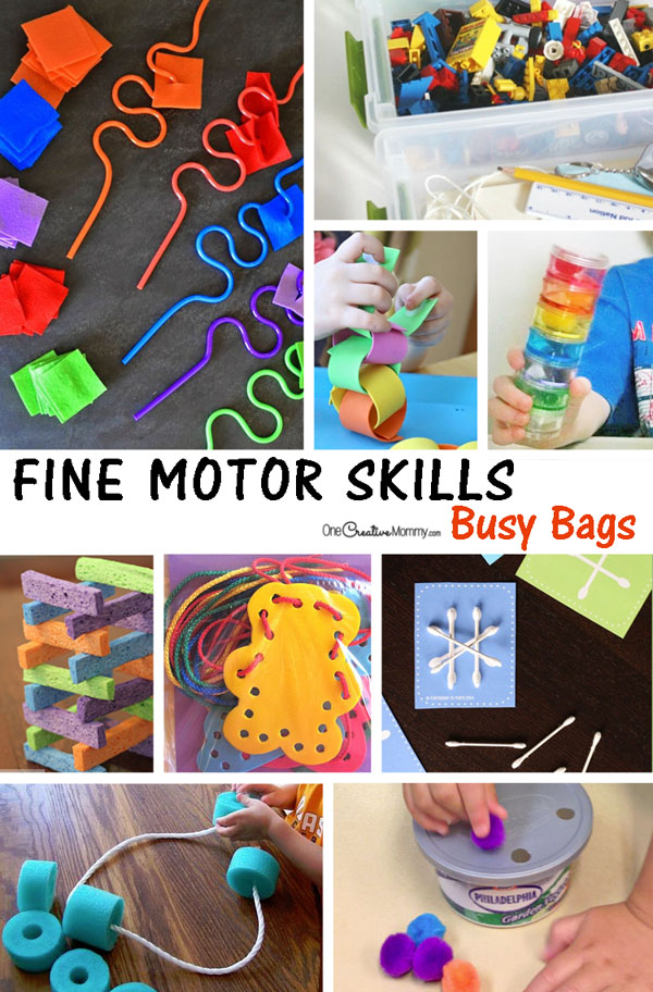 Love these busy bags! Lots of ideas for helping kids develop fine motor skills {OneCreativeMommy.com}