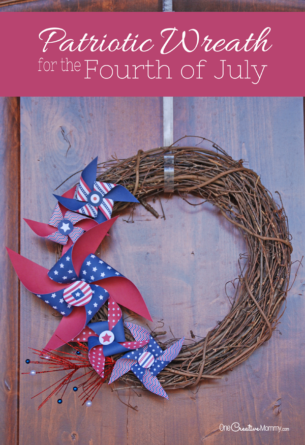 Fast and Frugal Patriotic Wreath for the Fourth of July {OneCreativeMommy.com} Download printable pinwheels, too!