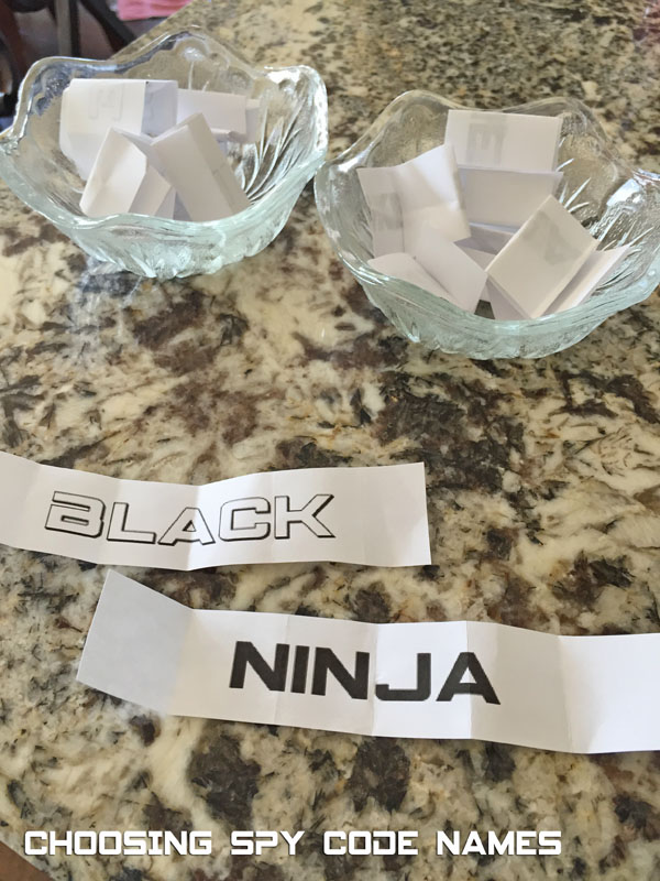 Picking spy names at our Spy Training Birthday Party {OneCreativeMommy.com}