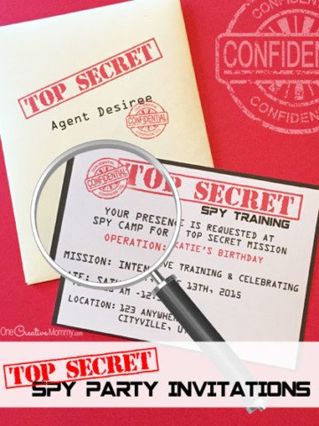 Cool printable spy party invitations. Just fill in the info, and you're ready to go! {OneCreativeMommy.com} Perfect for spy and secret agent birthday parties. Personalization available.