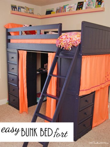 I love how she turned an annoying bunk bed into a fun bunk bed fort for her daughter! I have to try this. {OneCreativeMommy.com}