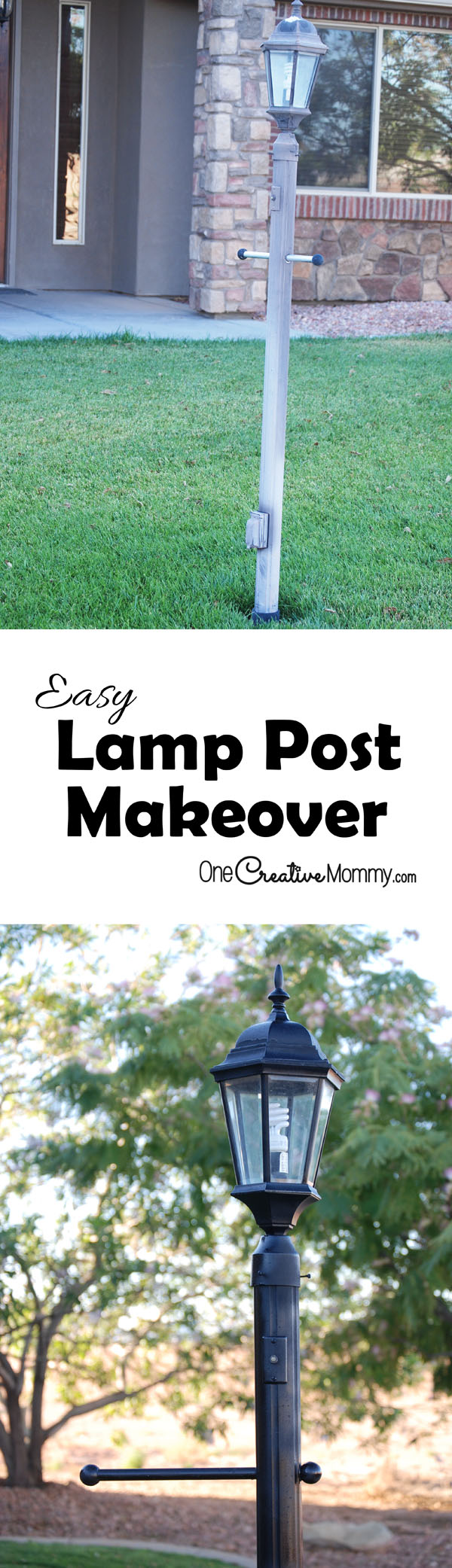 Take your shabby lamp post from drab to fab with this quick and easy Lamp Post Makeover {OneCreativeMommy.com} What a difference!